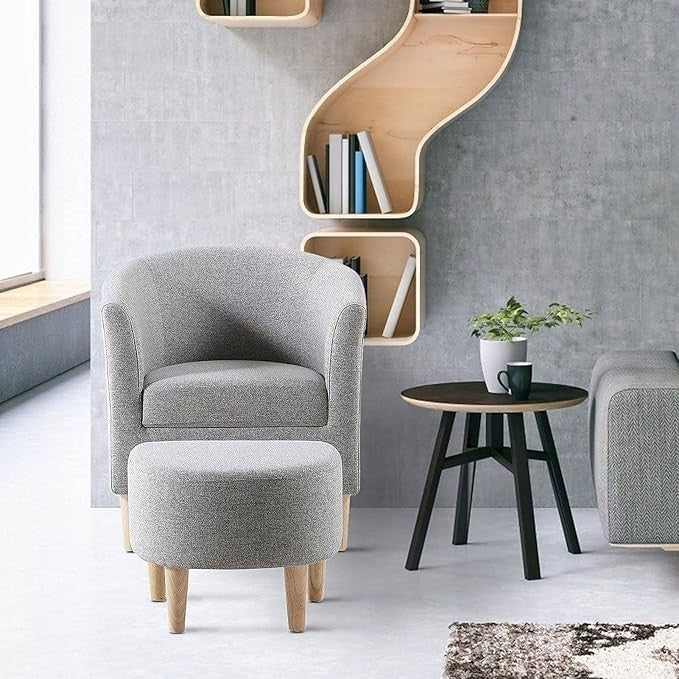 Grey Tub Chair with Footstool Linen Accent Armchair Small Spaces