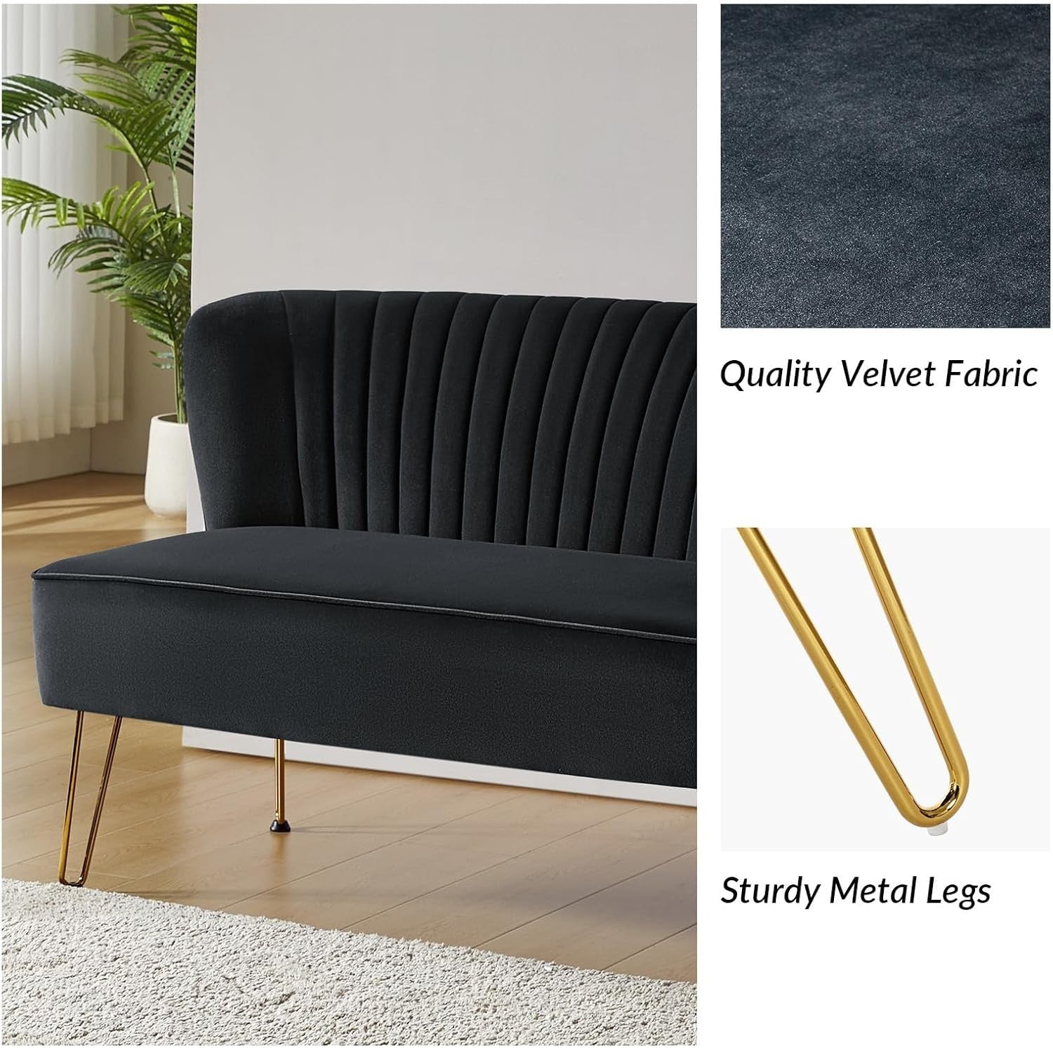 Black Velvet 2 Seater Sofa with Gold Legs Compact Loveseat for Lounge Flat