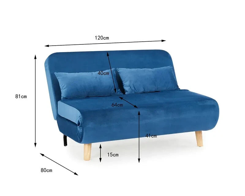 Blue Velvet Sofa Bed 2 Seater Futon Clic Clac Double Sleeper Couch Chair