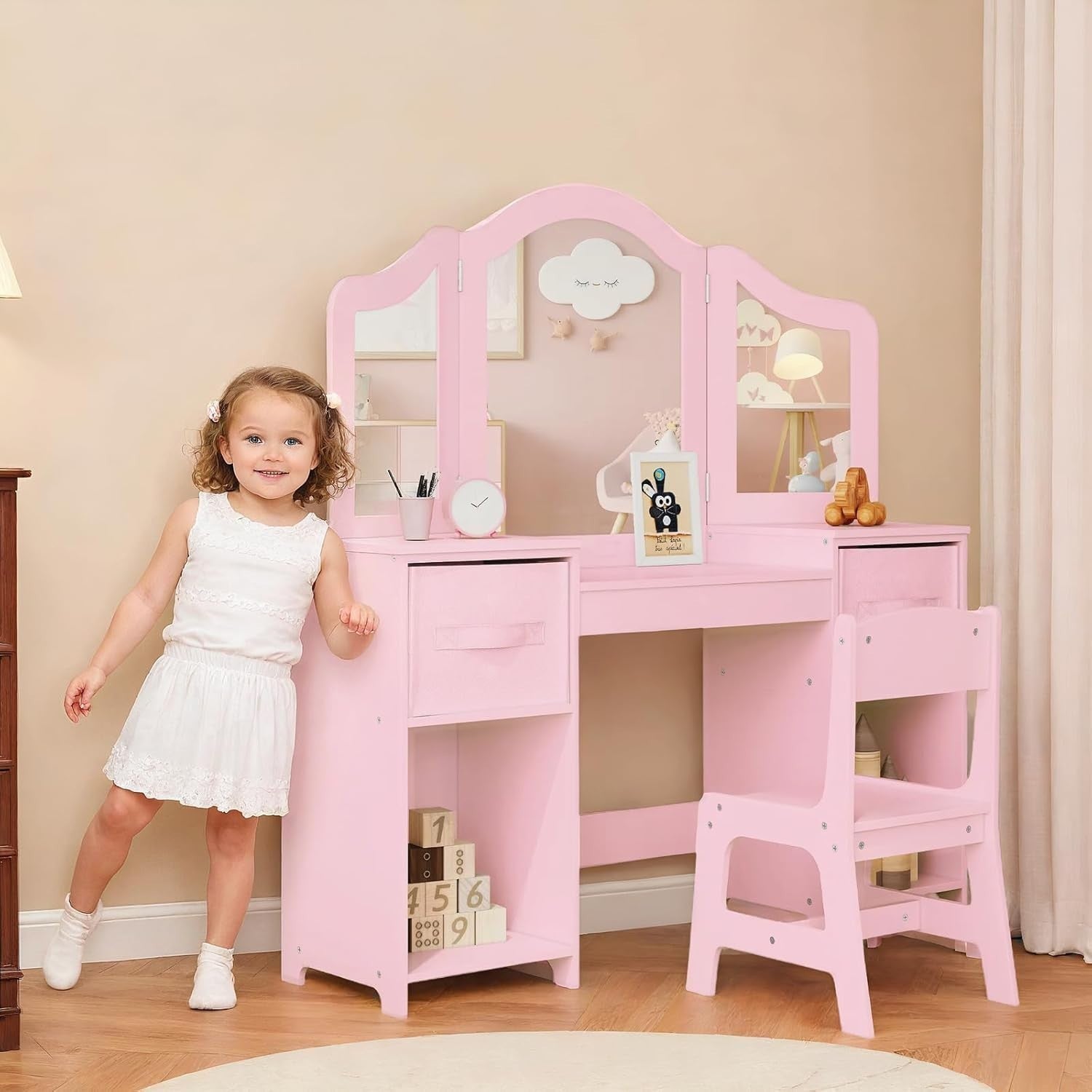 Kids Vanity Table & Chair Set Pink 2-in-1 Makeup Desk with Storage & Mirror