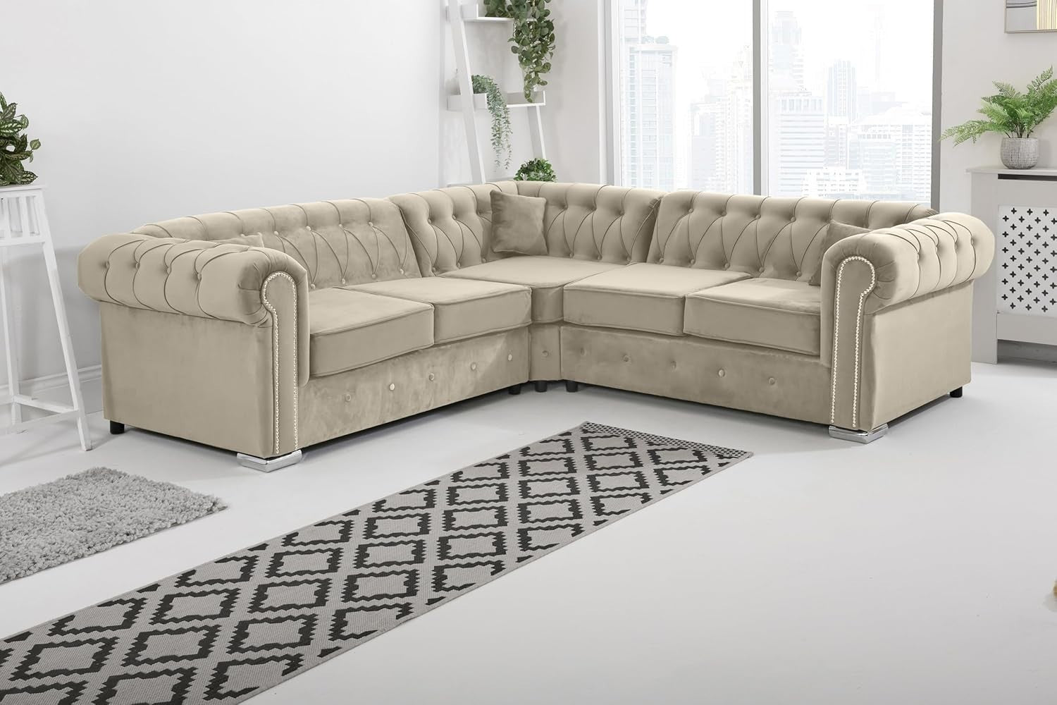 Luxury Cream Velvet Chesterfield Sofa – Corner, Foam Cushions, Diamond Trim