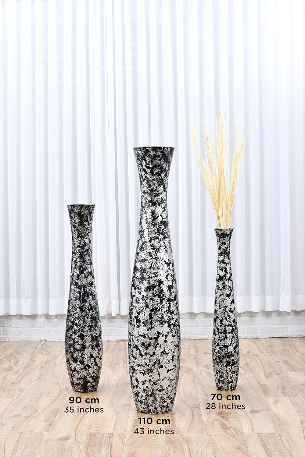 Tall Silver Black Floor Vase 105cm Wooden Decor for Pampas Grass Display