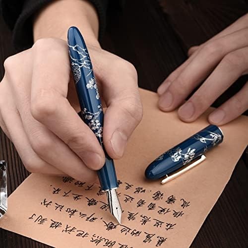 Extra Fine Fountain Pen Blue Metal Silver Trim Gift Box Set