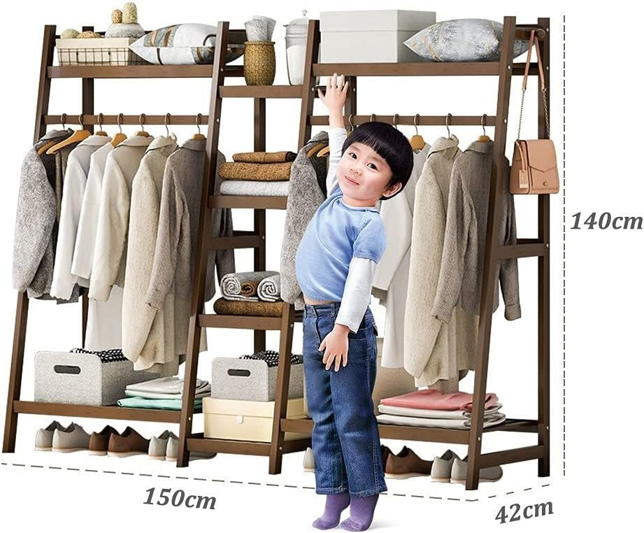 Bamboo Clothes Rail Double Hanging Rack with 8 Shelves 150cm