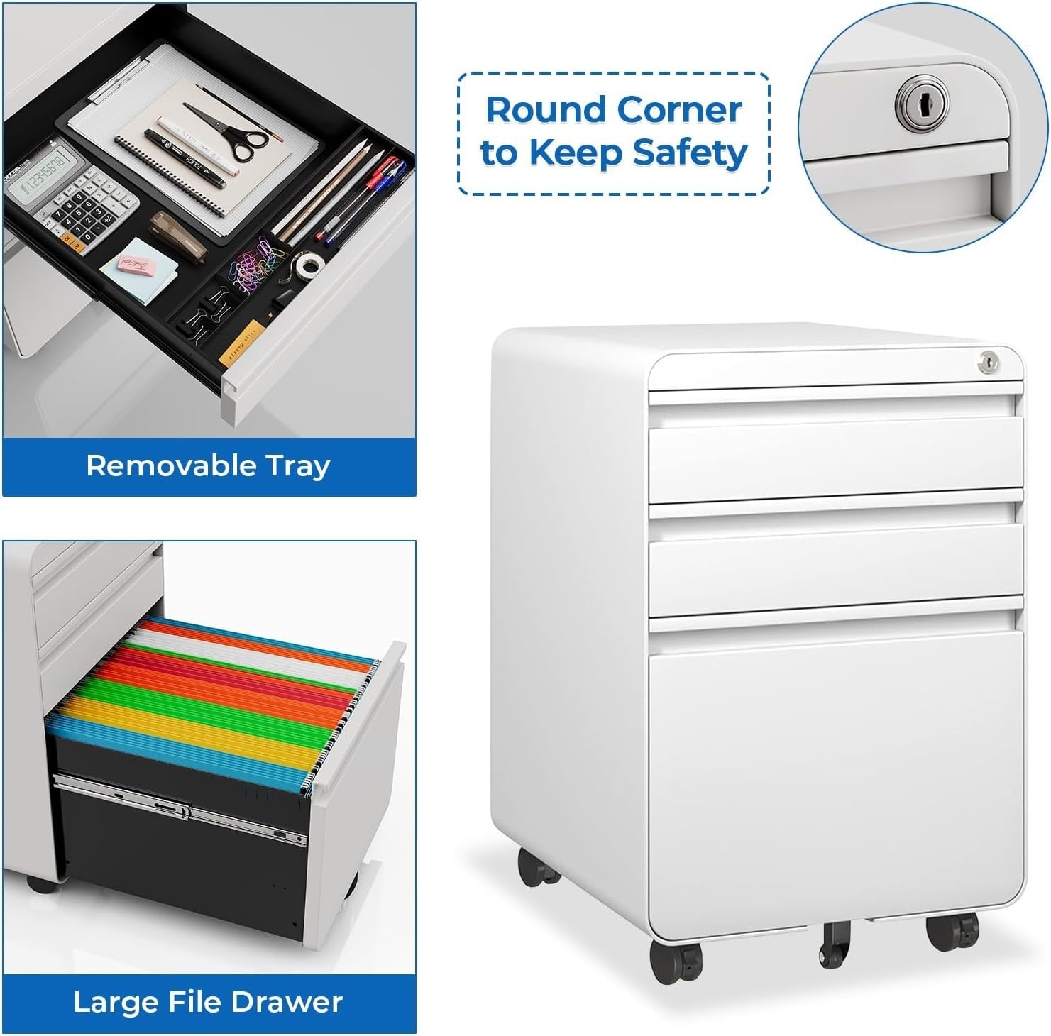White Lockable Metal Filing Cabinet 3 Drawer A4 on Wheels
