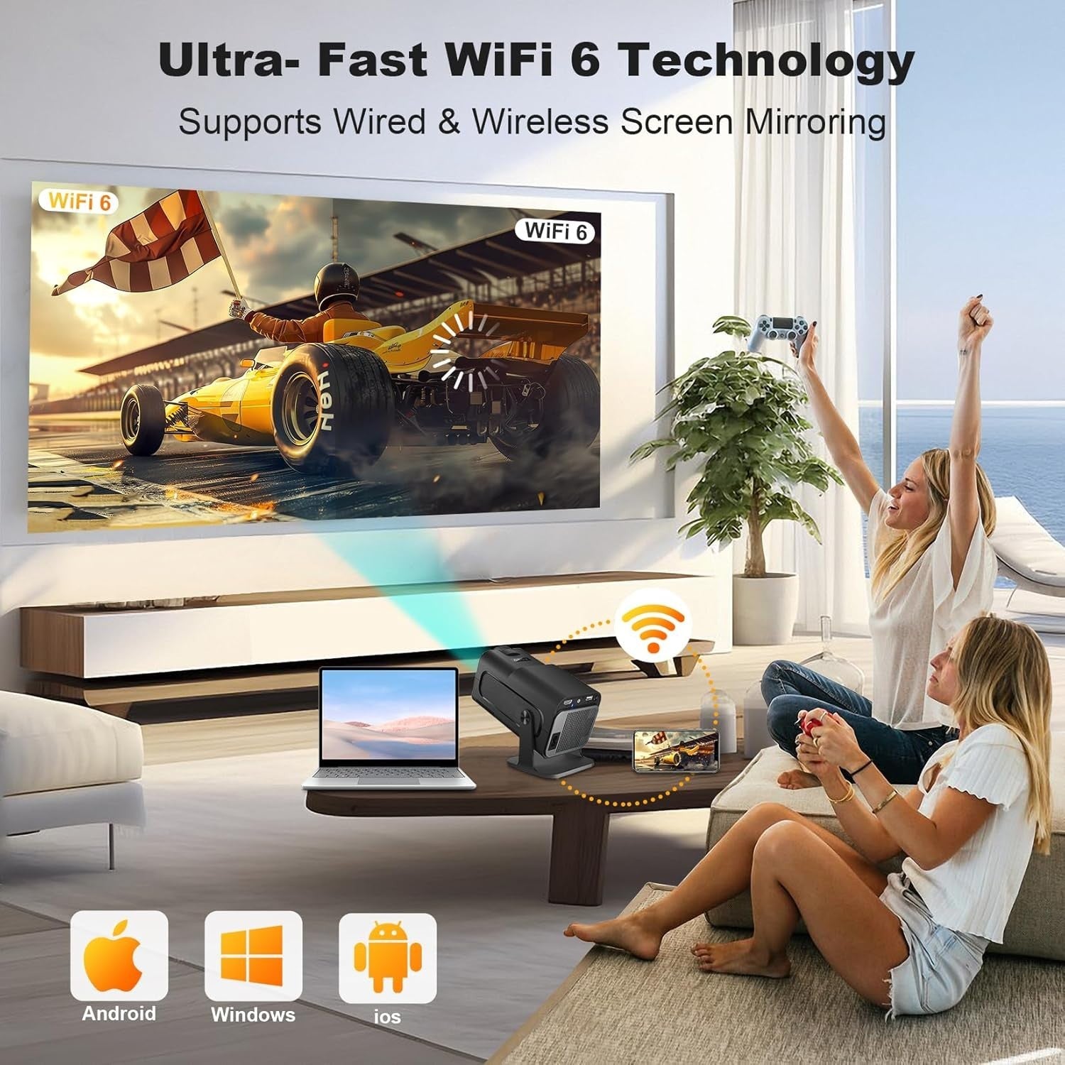 Android Mini Projector WiFi 6 Bluetooth 4K Ready 180° Rotating HD