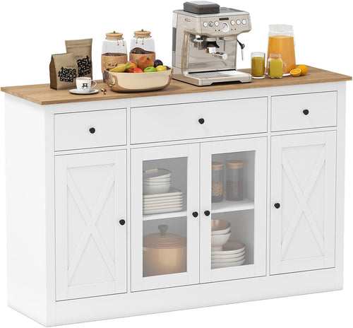 140cm White Buffet Sideboard Cabinet 3 Drawers 2 Glass Doors Adjustable Shelves