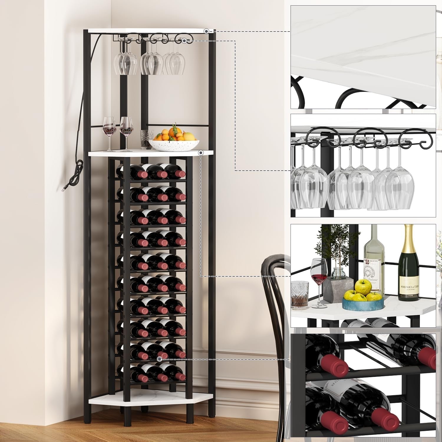 Corner Wine Bar Cabinet with LED Light, Glass Holder & 20 Bottle Storage Rack