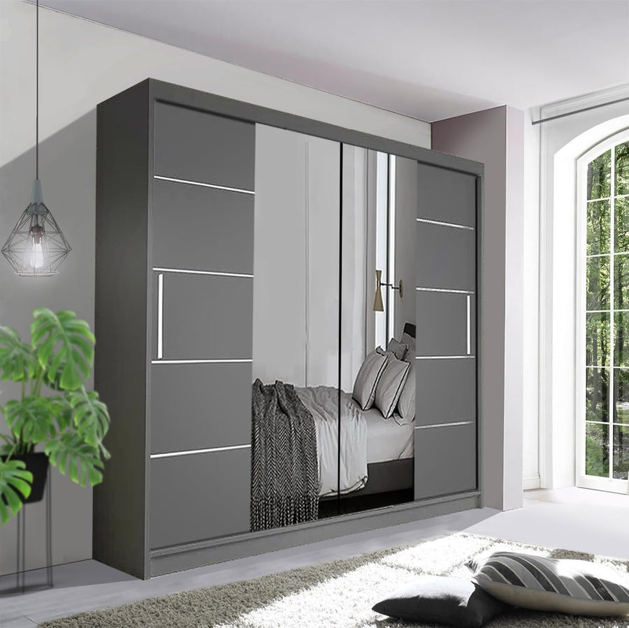 180cm Grey Sliding Wardrobe with Mirror – Spacious Modern Bedroom Storage