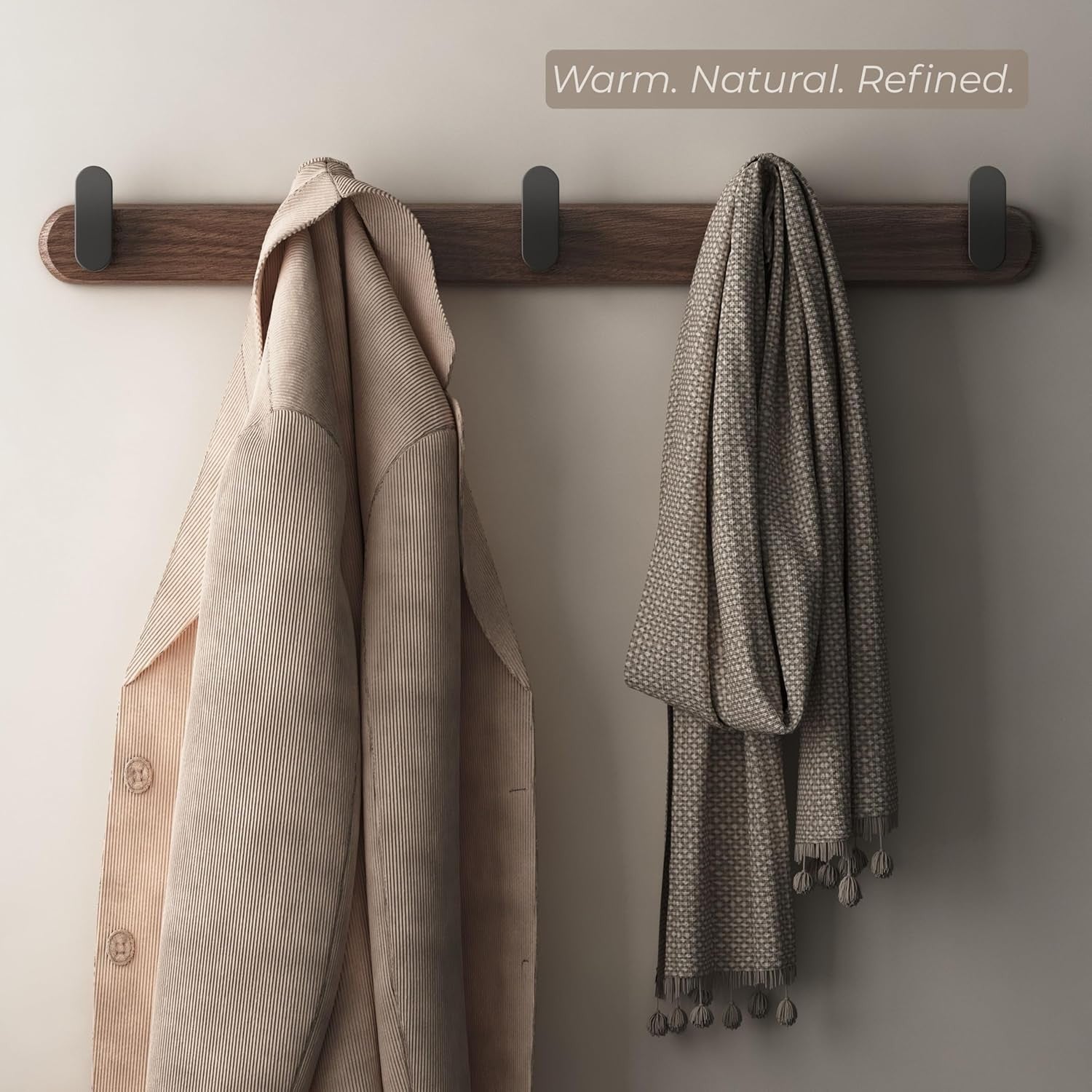 Black Walnut Wall Mounted Coat Rack | 45cm Solid Wood Hooks for Coats & Bags