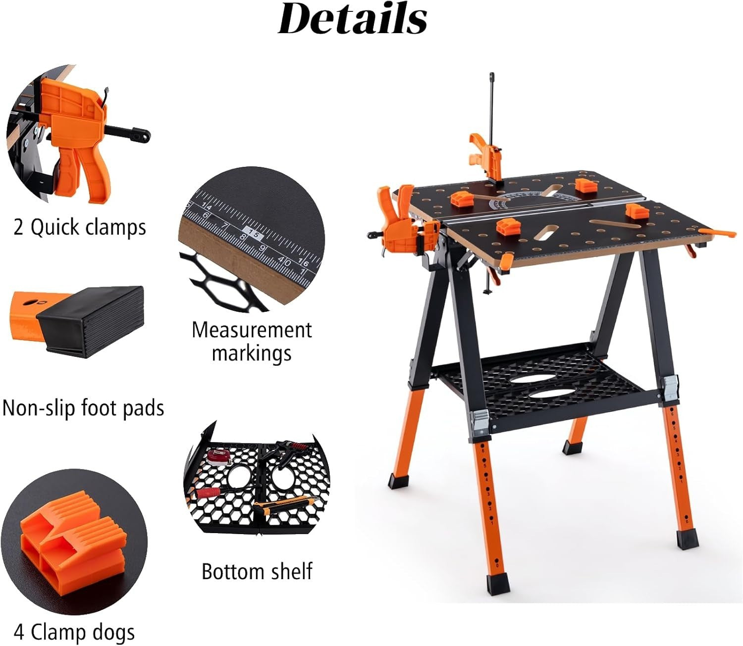 Folding Workbench 8-Height Adjustable Flip-Top Table with Clamps & Shelf