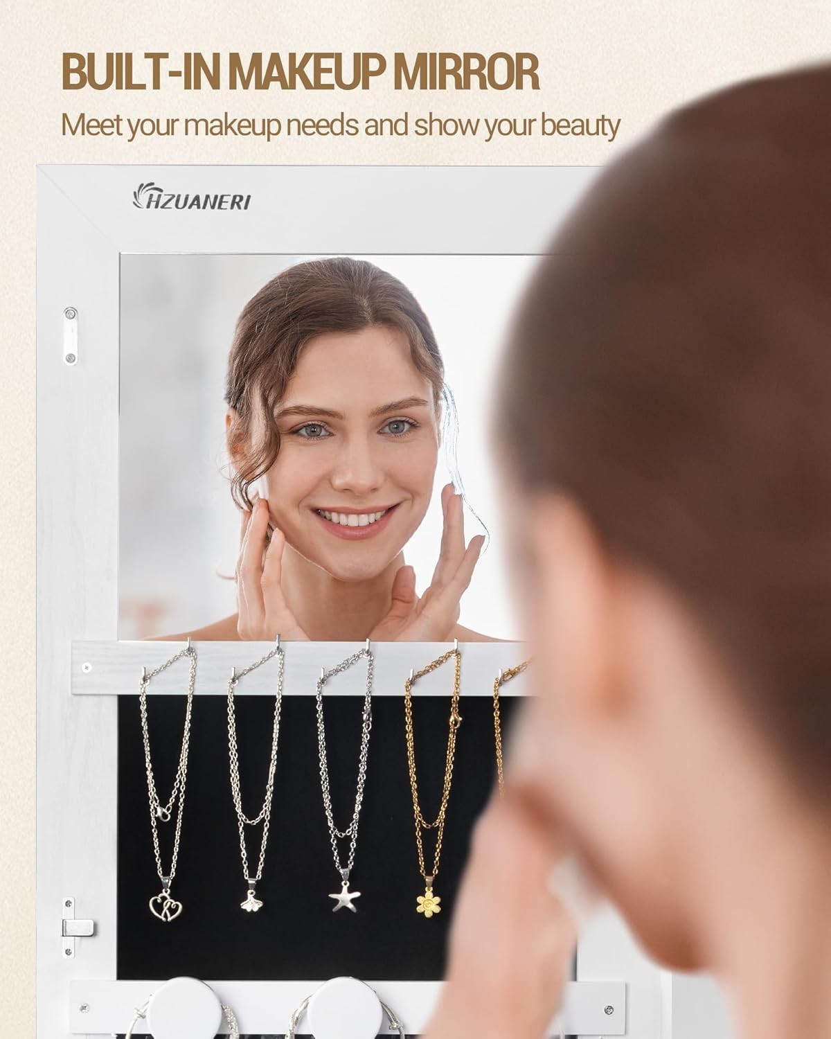 White & Black LED Jewelry Cabinet Mirror Lockable Rolling Storage Rack
