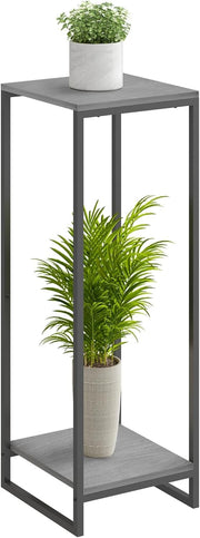 34" Tall 2 Tier Modern Plant Stand Oak Grey Indoor Corner Flower Pot Shelf