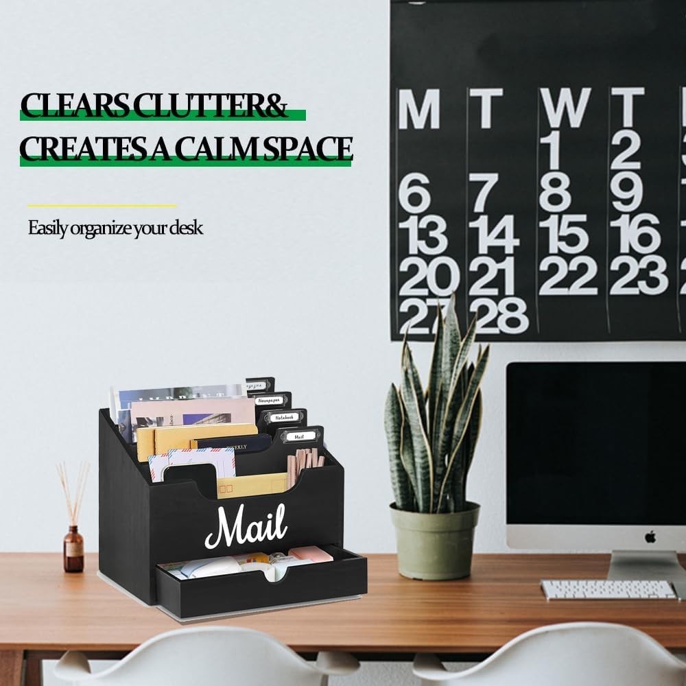 Black Wood Desktop Mail Organizer with 4 Compartments & Drawer