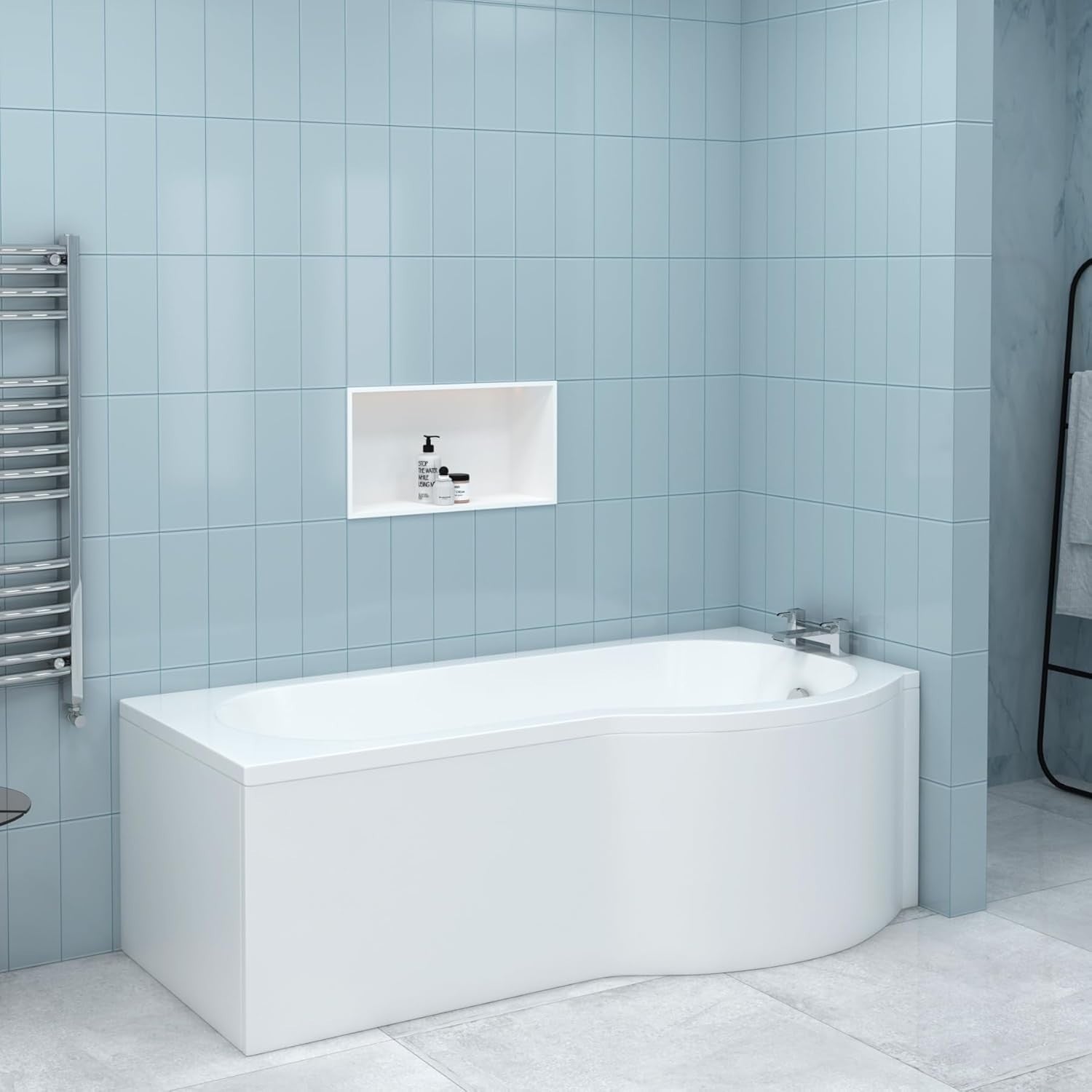 1700x850mm Right Hand P-Shaped Acrylic Shower Bath Gloss White No Panel