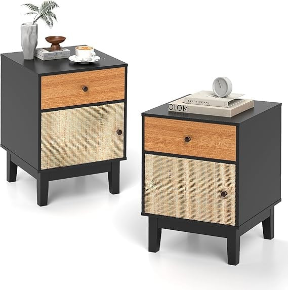 Modern Rattan Bedside Tables Set of 2 – Boho Storage Drawers & Door – Wood Legs