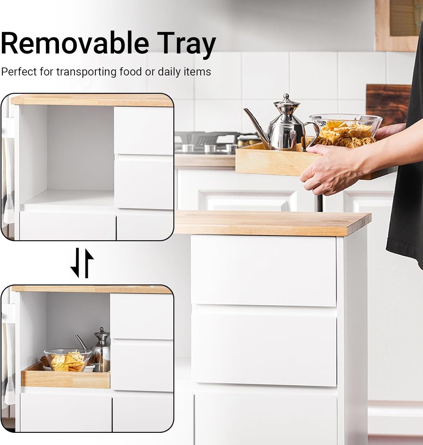 Kitchen Island on Wheels White Storage Trolley with Drawers Adjustable Shelves
