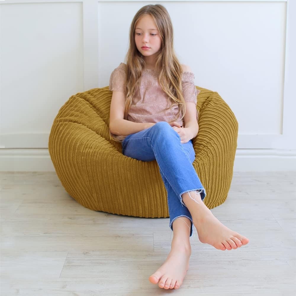 Kids Cord Bean Bag Chair - Soft Mini Slouch Seat, Mustard, Washable, 60x80cm
