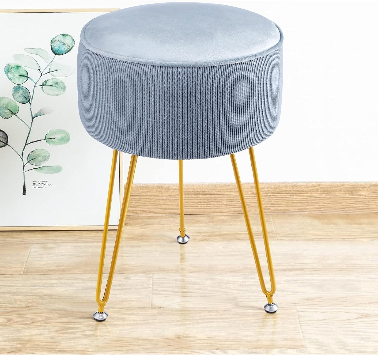Blue Round Velvet Dressing Table Stool – Padded Vanity Seat with Golden Legs