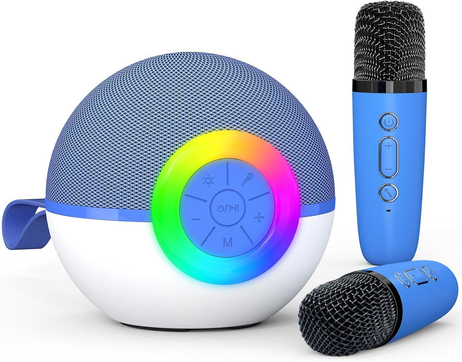 Blue Kids Karaoke Machine 2 Wireless Mics LED Voice Changer
