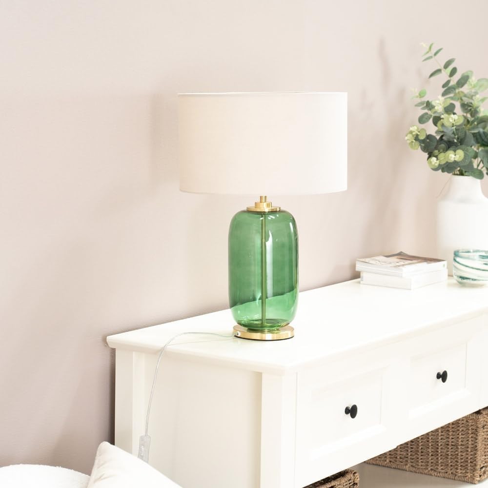 Forest Green Glass Table Lamp Gold Detail Natural Drum Shade LED Light