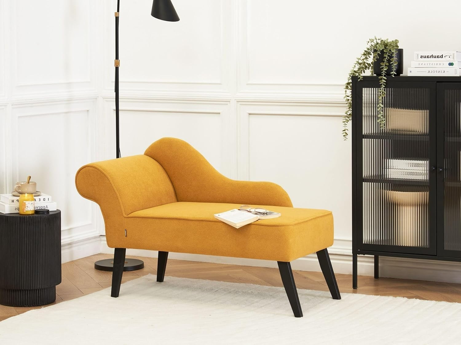 Mustard Yellow Chaise Lounge Sofa | Vintage Style, Water-Resistant, Compact