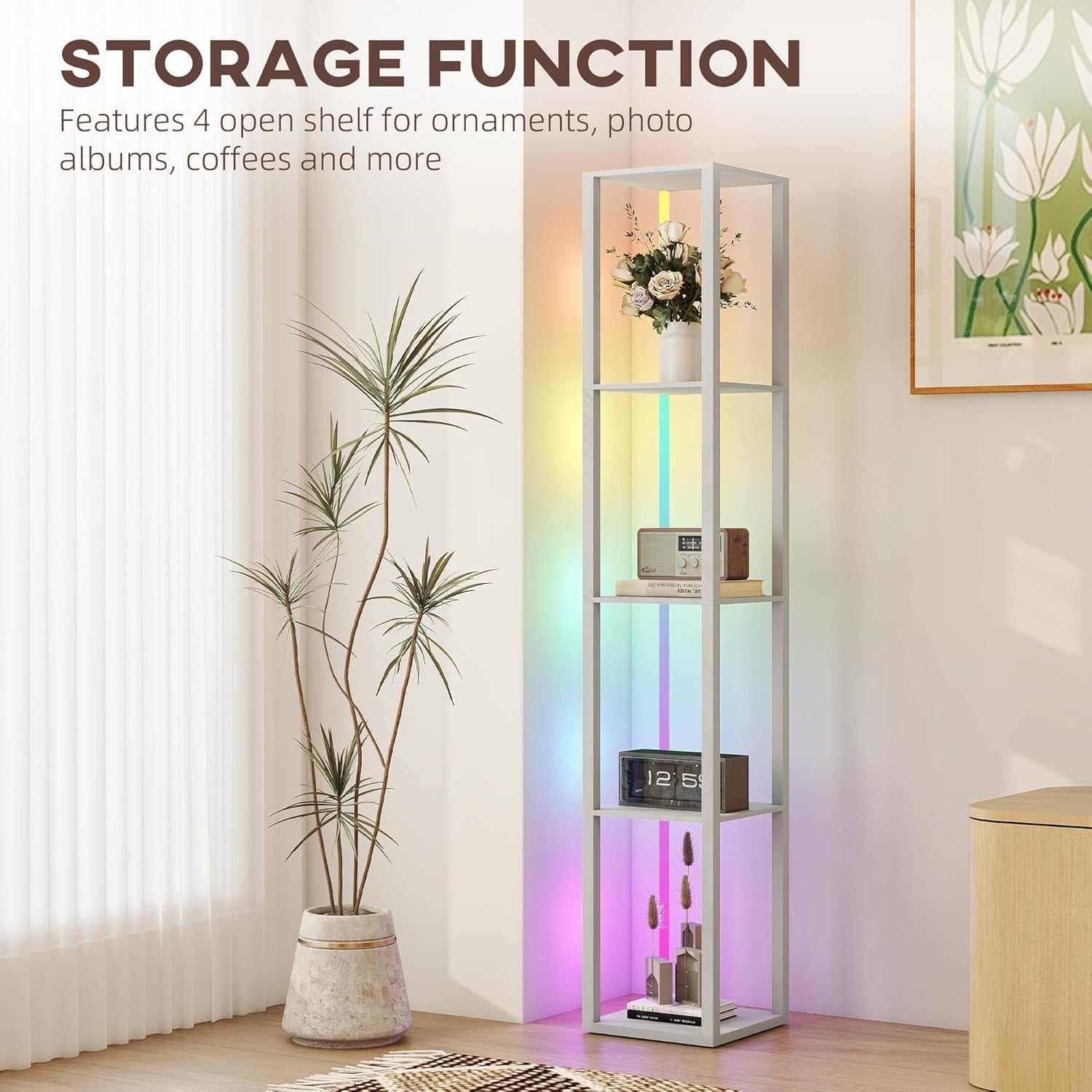 LED Floor Lamp with Shelves Dimmable Remote Control Modern Corner Light