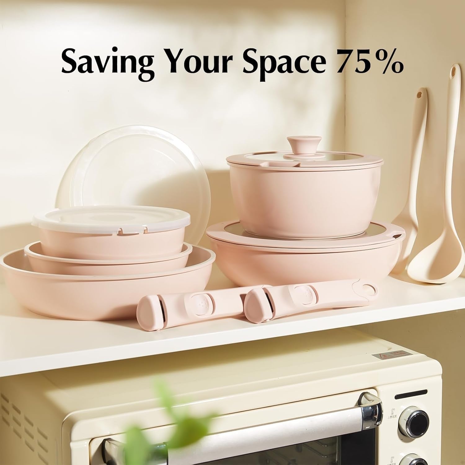 16pcs Pink Ceramic Cookware Set Non Stick Induction Safe Detachable Handle