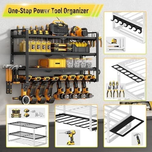 4-Tier Wall Mounted Power Tool Organizer 8 Slots Alloy Steel