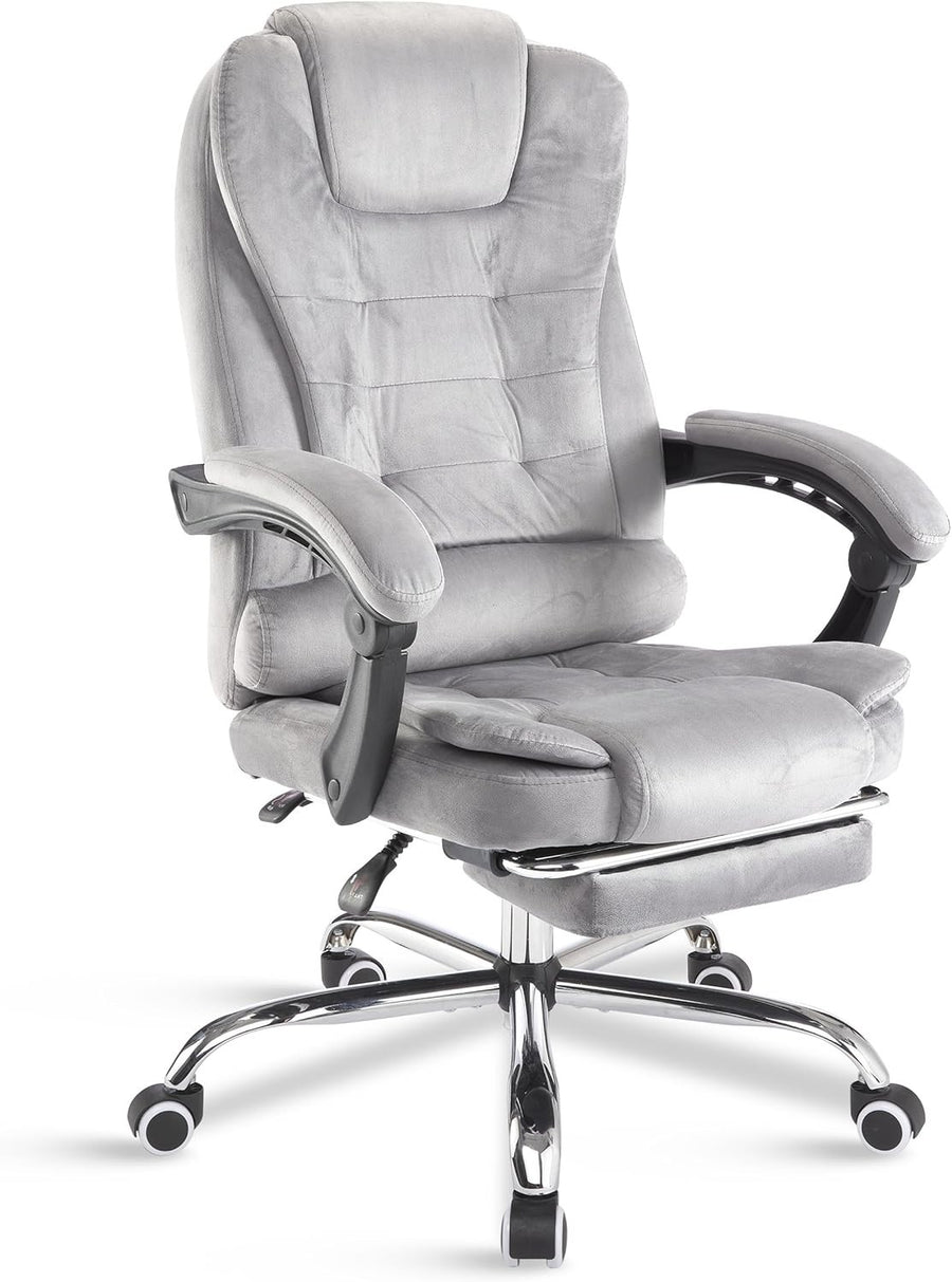 Velvet Grey Executive Office Chair Recliner Footrest Ergonomic Swivel Desk Lumba