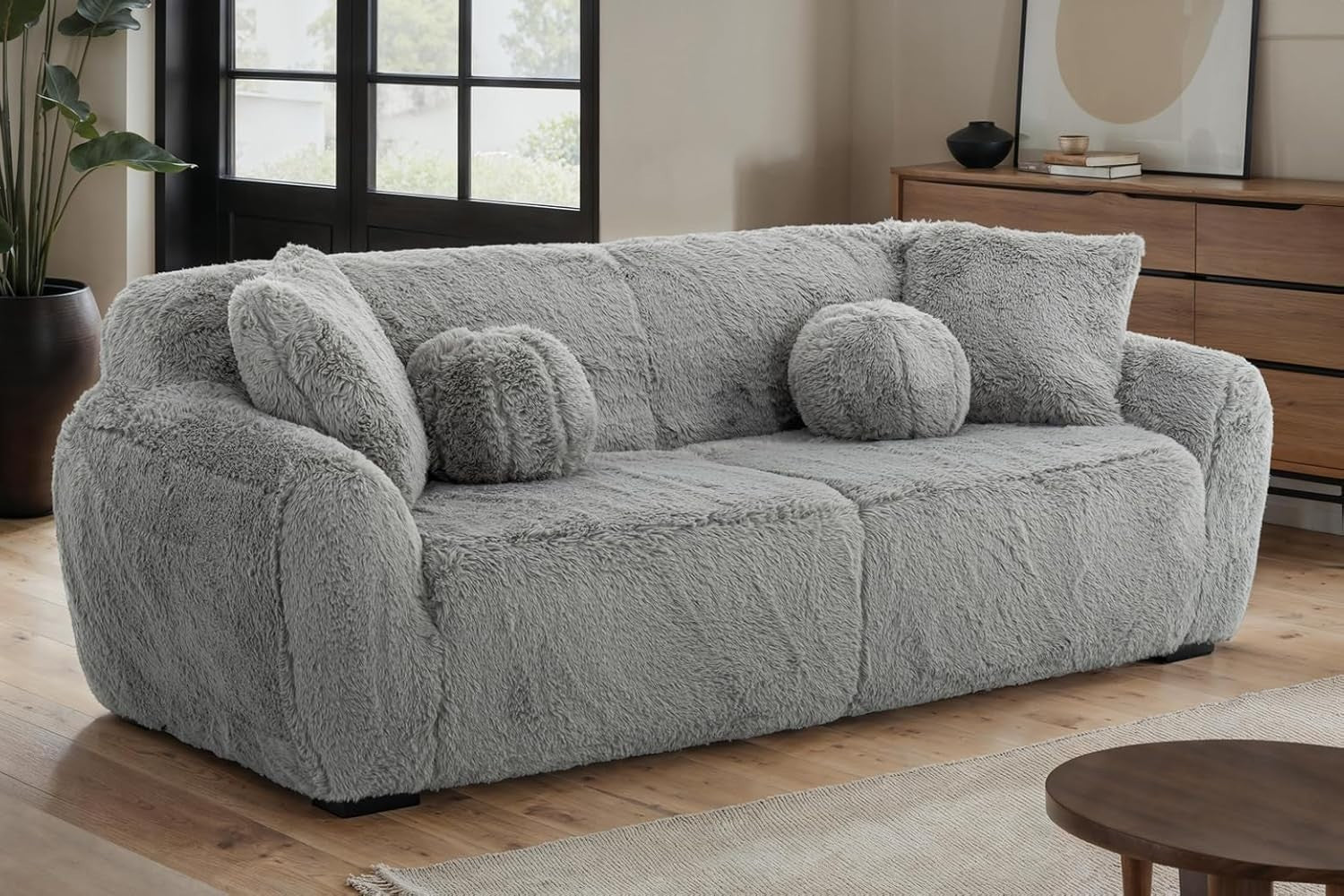 Grey Plush 3 Seater Sofa Deep Seat Fluffy Teddy Fabric Comfy Lounge Couch