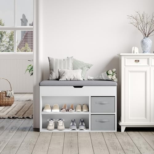 Mondeer Shoe Bench with Storage Drawers & Cushion – Hallway Rack 8 Pairs
