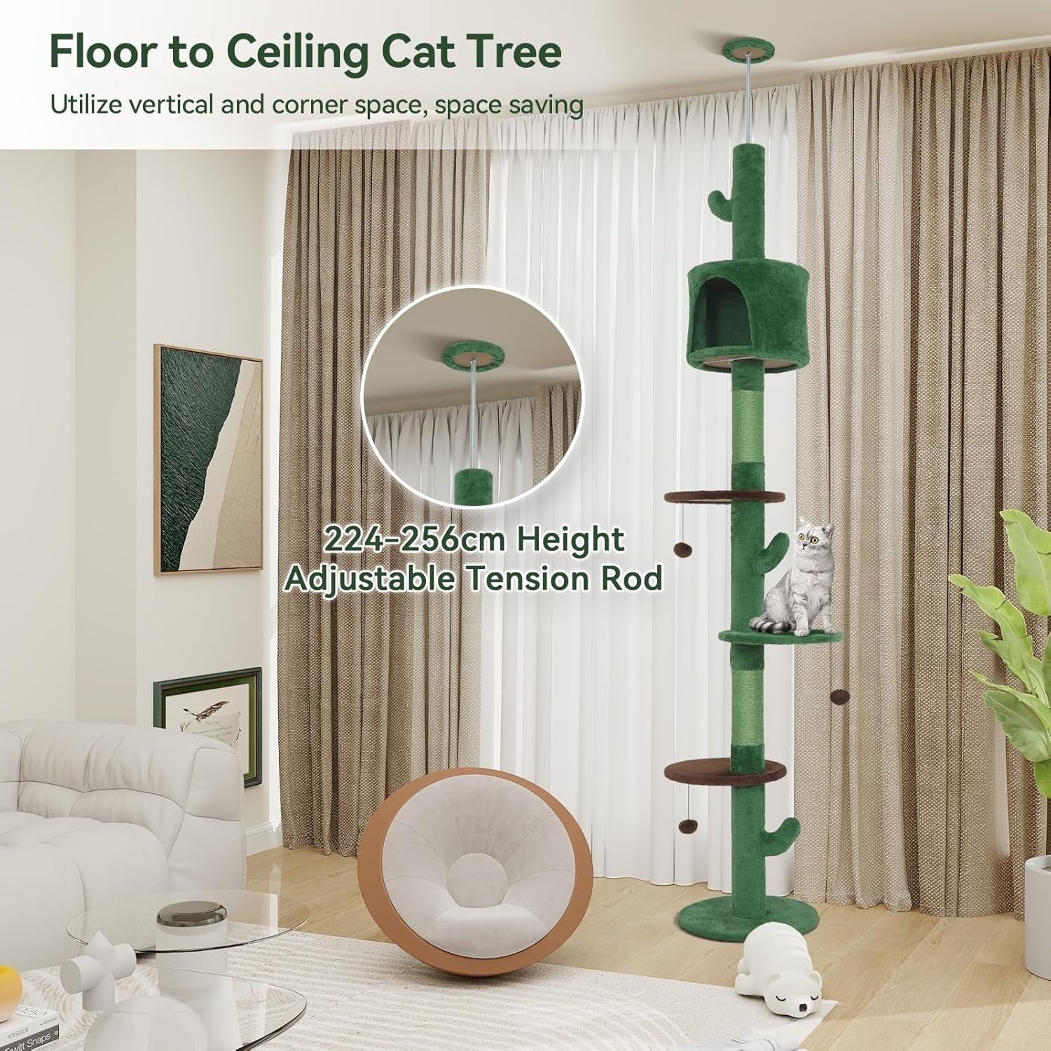Floor to Ceiling Cat Tree 260cm Tall Tower Scratching Post Condo