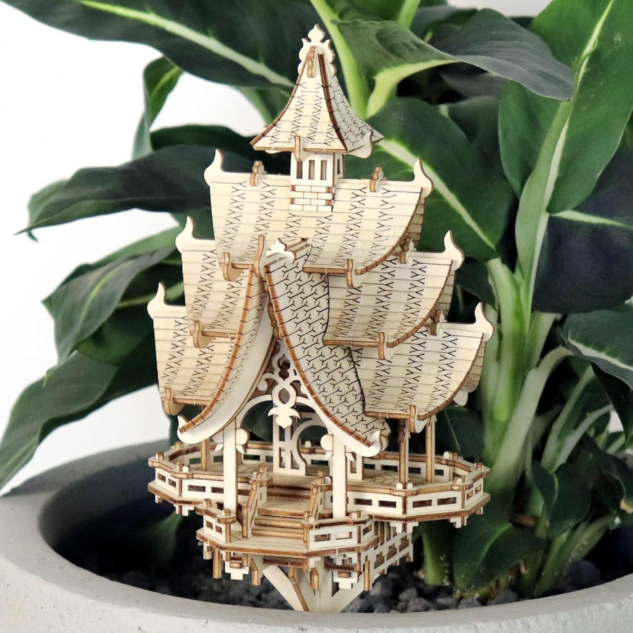 3D Wooden Temple Puzzle w/ LED Lights – 83pc DIY Plant Decor Kit Gift