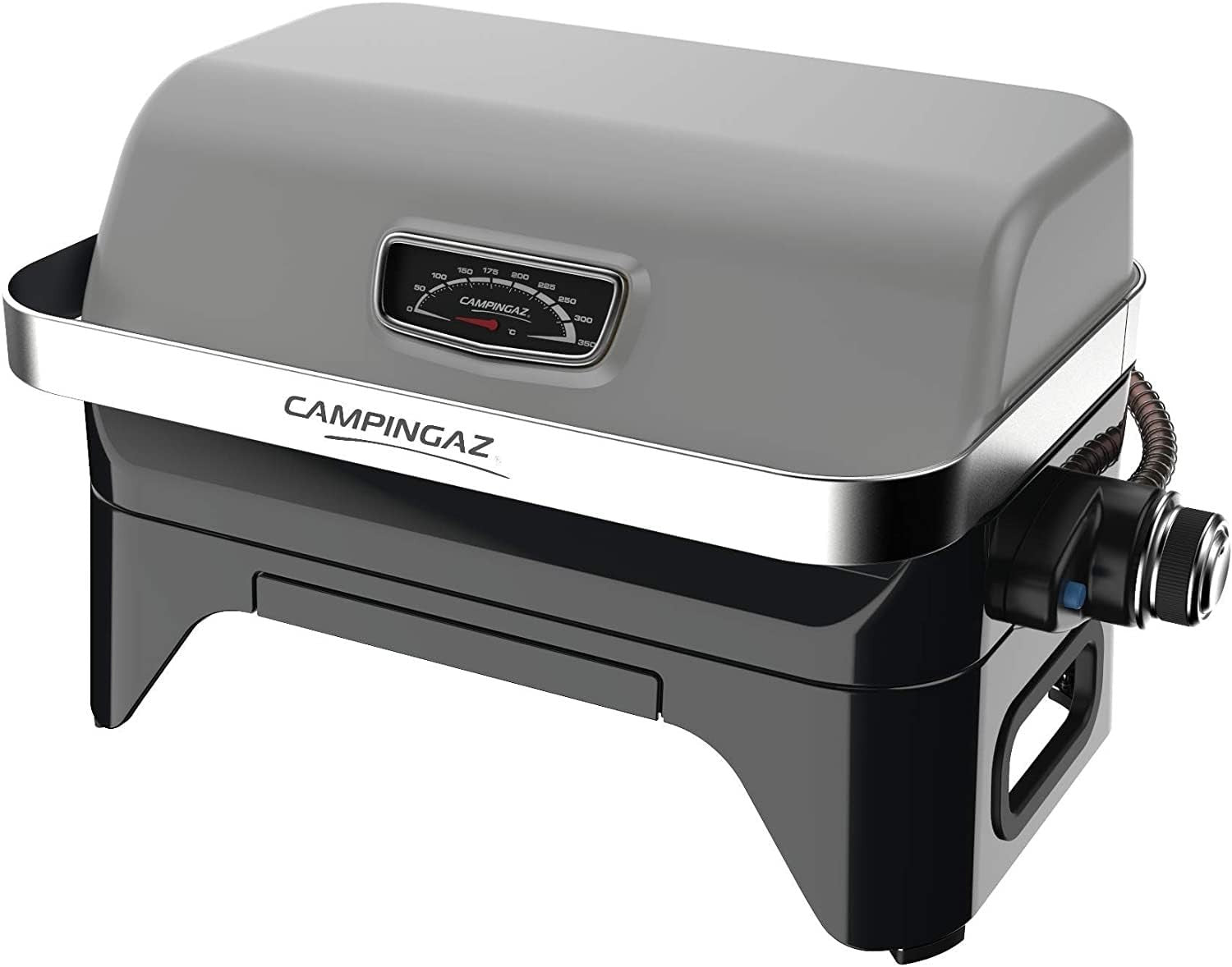 Portable Tabletop Gas BBQ Grill with Lid Thermometer Cast Iron Cooking Surface