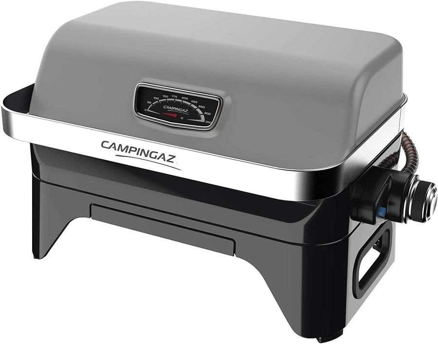 Portable Tabletop Gas BBQ Grill with Lid Thermometer Cast Iron Cooking Surface