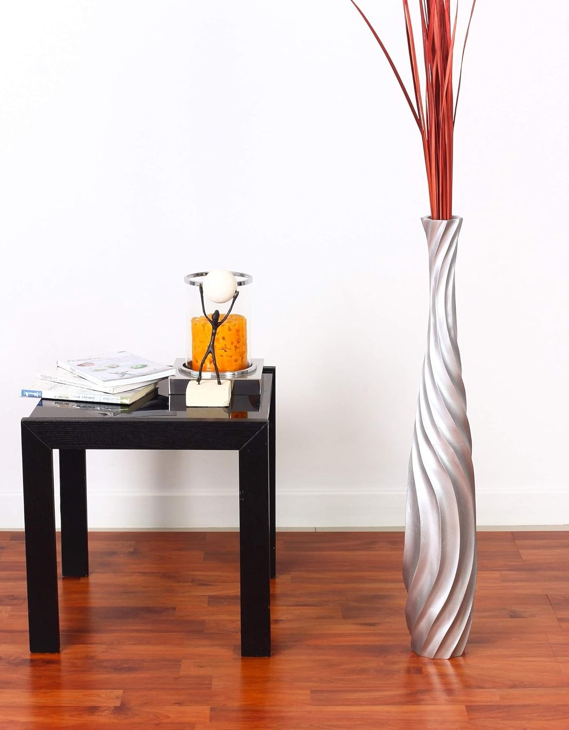 Silver Curved Floor Vase 65cm Tall Wooden Decor for Pampas Grass