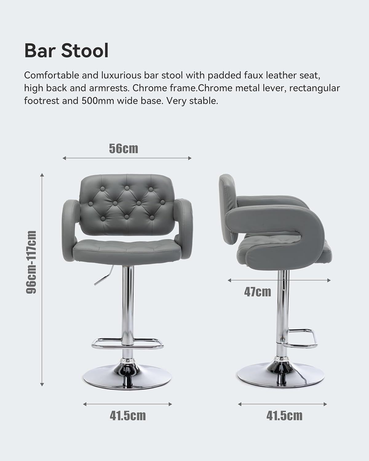 Light Grey Adjustable Swivel Kitchen Breakfast Bar Stool Faux Leather