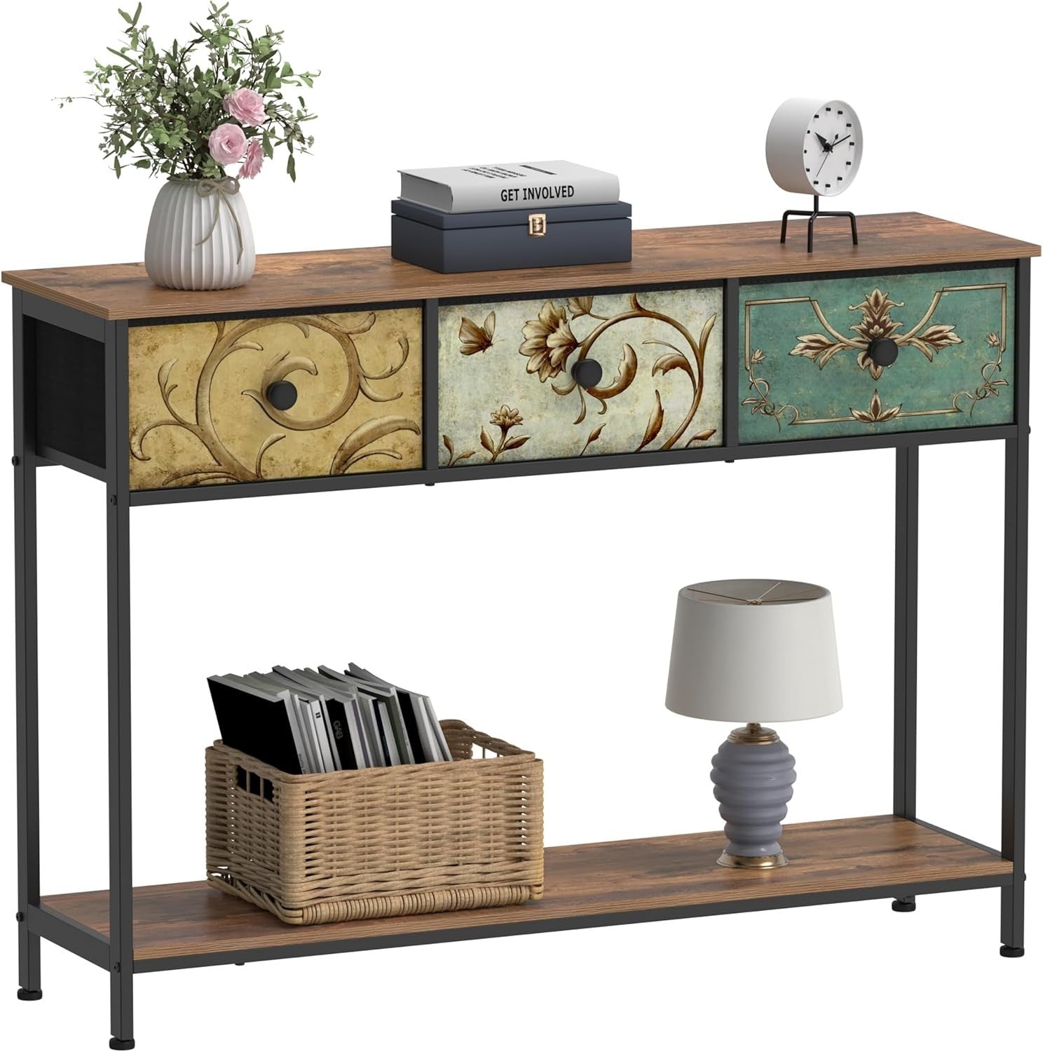Slim Hallway Console Table with Drawers & Shelf – Rustic Wood Metal Frame