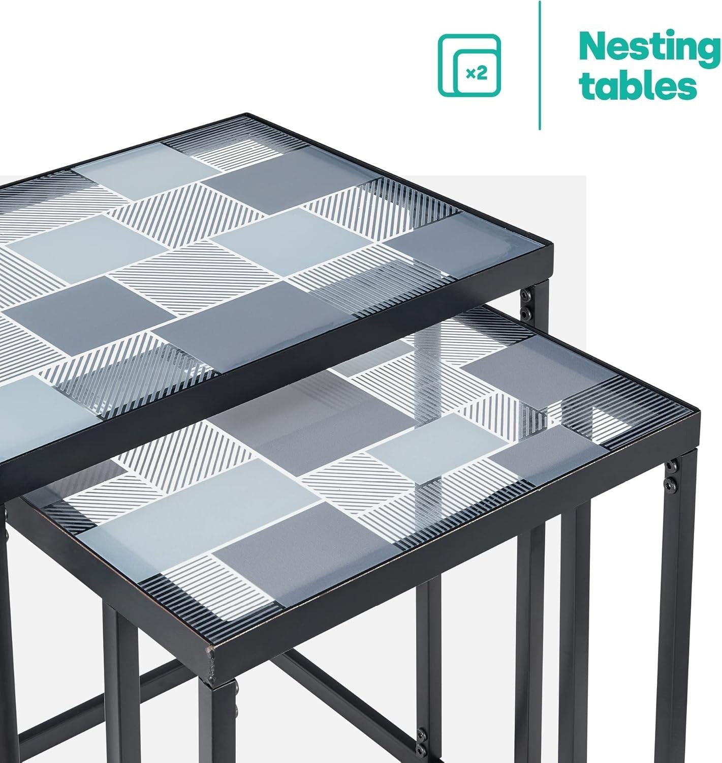 Space Saving Glass Coffee Table Square Side Sofa Table C-Shape Nesting Frame