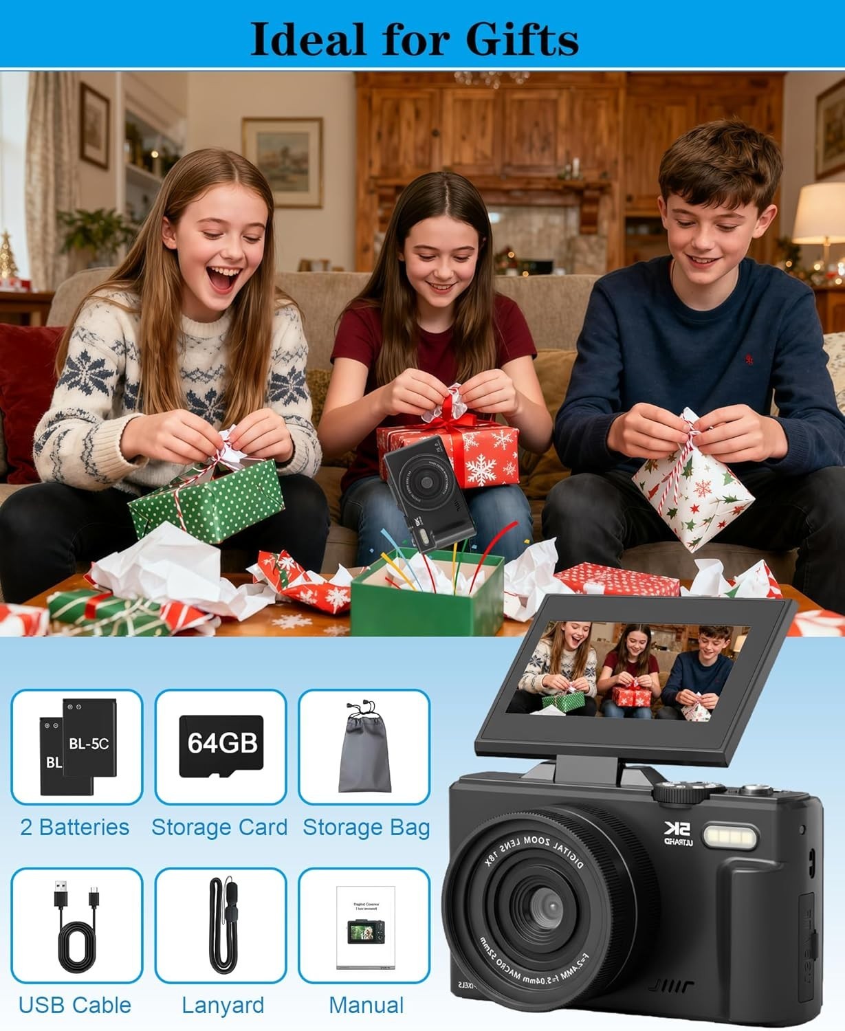 5K 75MP Vlogging Camera WiFi Flip Screen Zoom Camera 64GB Kit