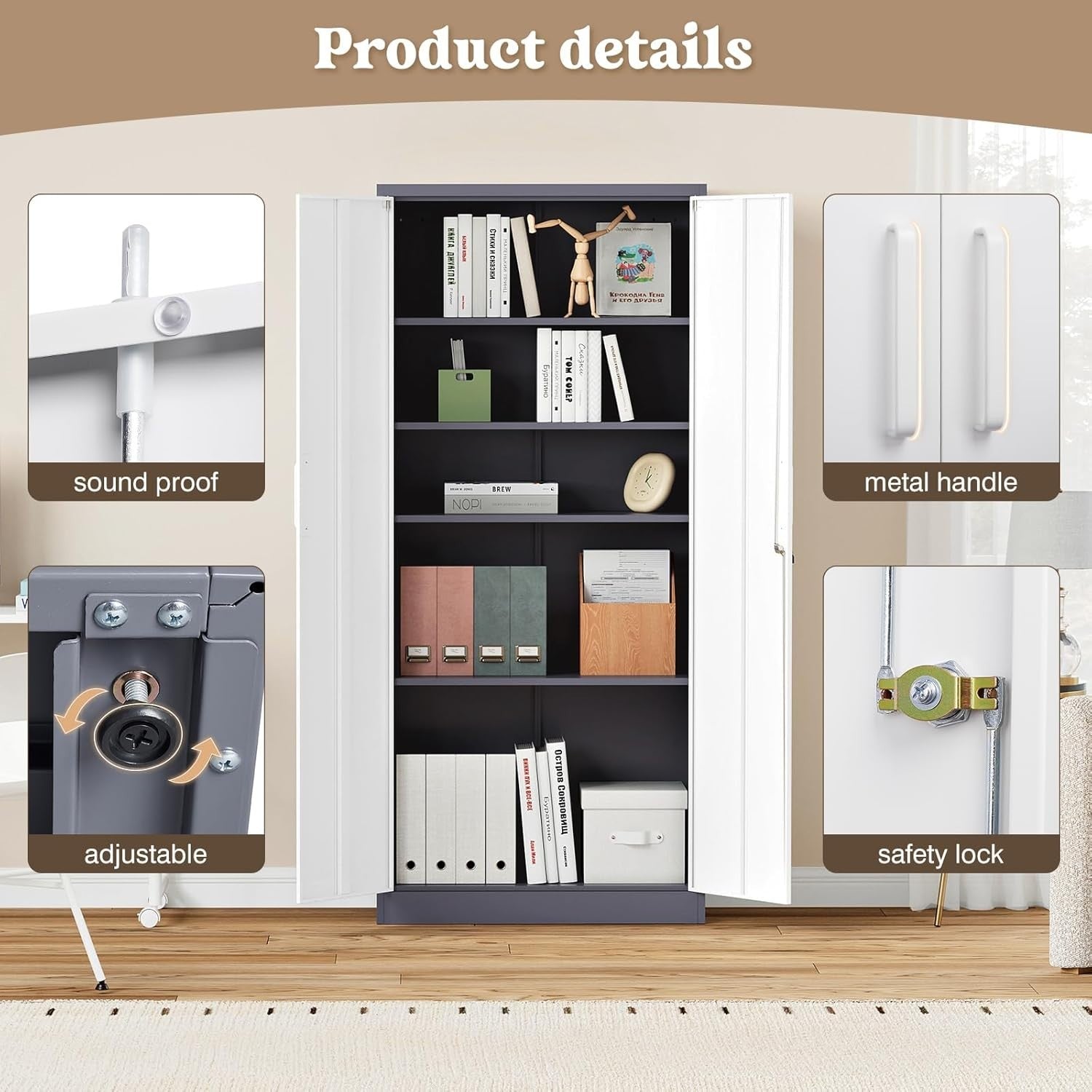Lockable Metal Storage Cabinet with 2 Doors & 4 Adjustable Shelves, Heavy Duty
