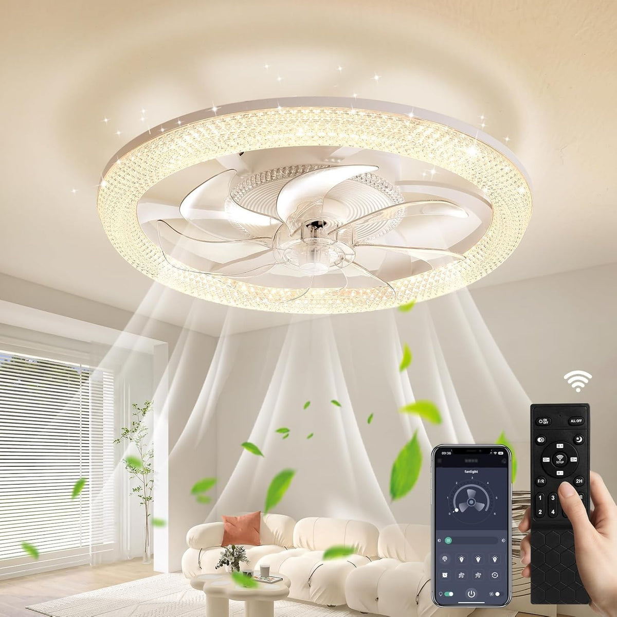 Modern 48CM Smart Ceiling Fan with LED Light, 6-Speed, Quiet, Dimmable