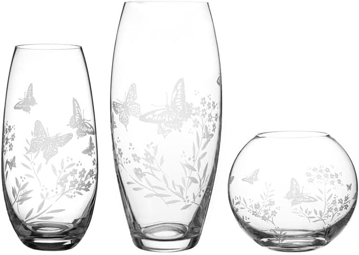 Crystal Glass Flower Vase 30cm Tall Etched Butterfly Floral Home Décor