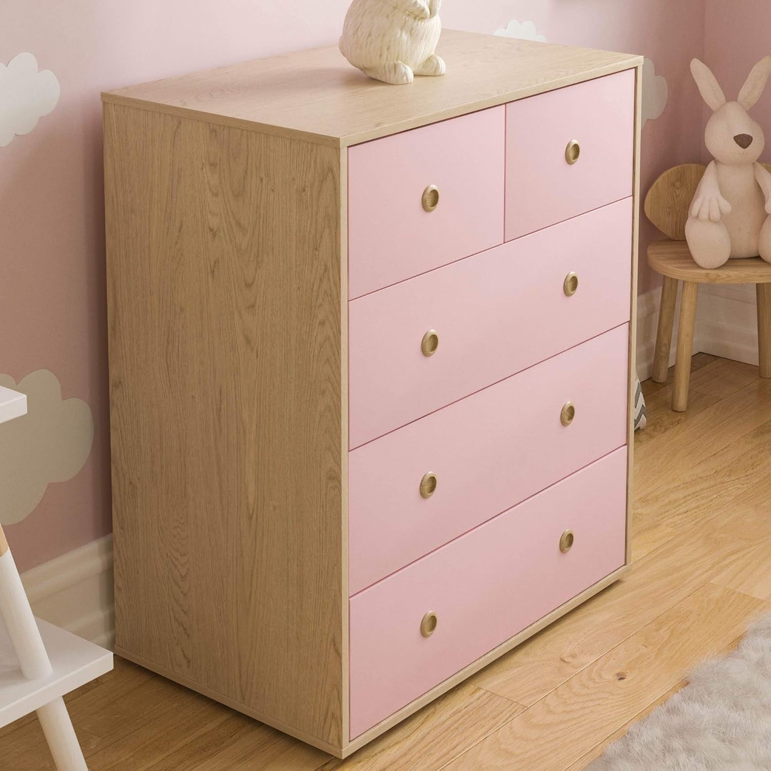 5 Drawer Chest Modern Bedroom Storage Cabinet Kids Furniture Pink Oak