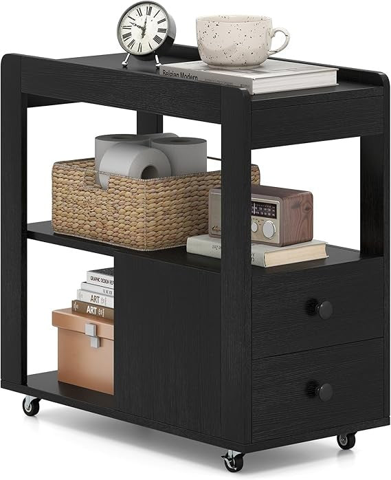 Narrow Bedside Table with Drawers & Shelves, Rolling 3-Tier Side Table Black