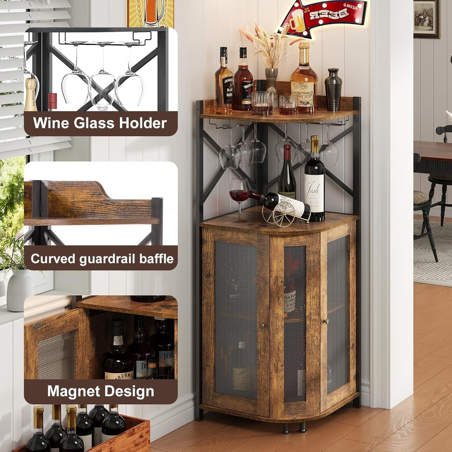 Corner Bar Cabinet with Wine Bottle Rack, Glass Holder & Storage Shelves Rustic