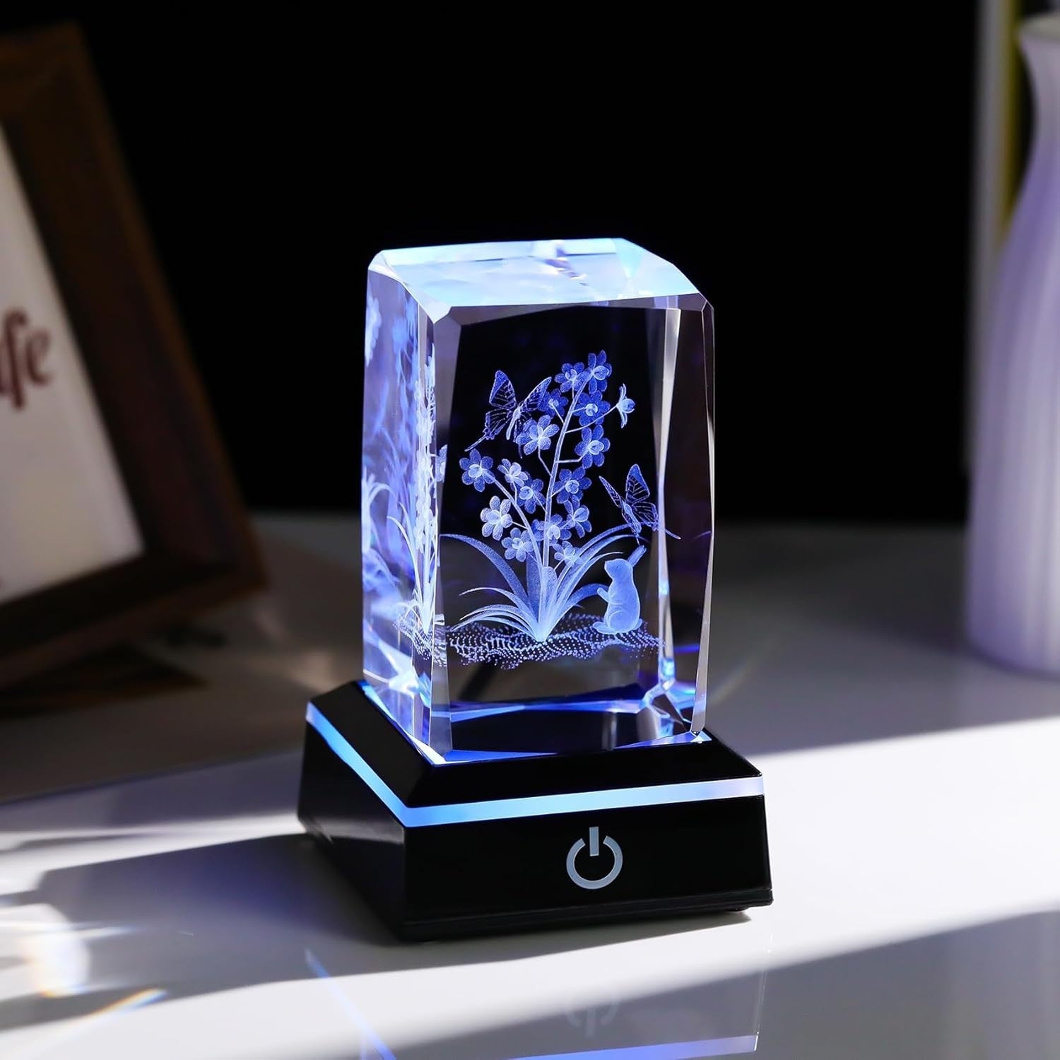 3D Crystal Flowers Rabbit LED Light Cube Gift Ornament for Women Girls Birthday