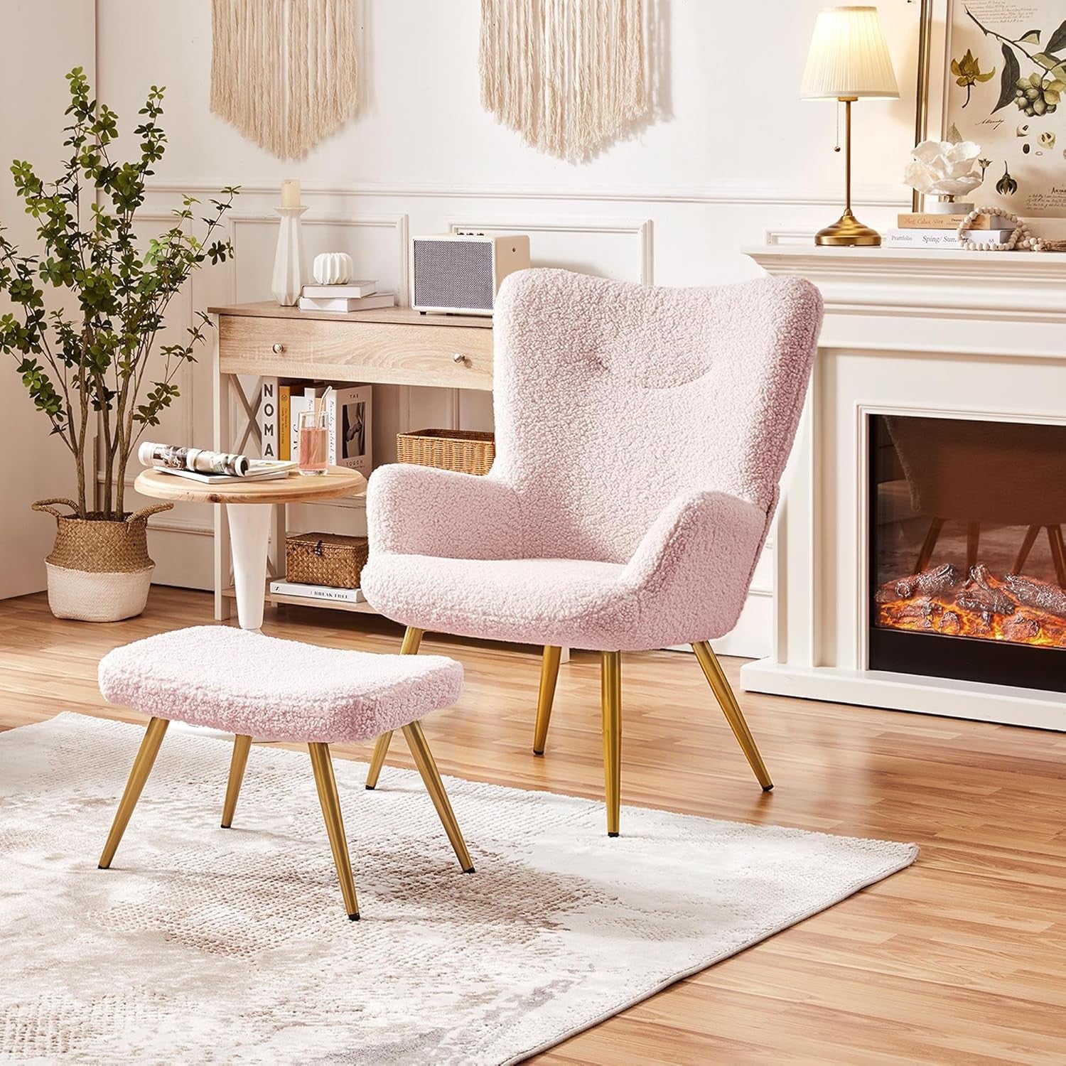Boucle Armchair with Ottoman Set Pink Sherpa Tub Chair