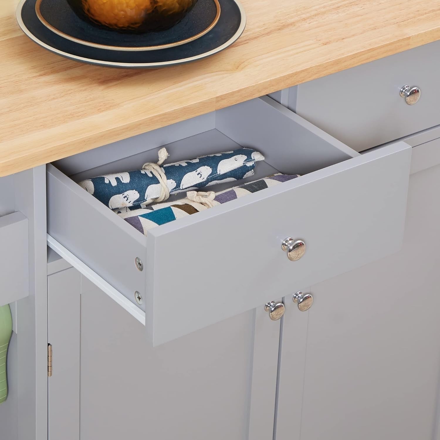 Rolling Kitchen Island Cart with Drawers, Rubber Wood Top & Hooks, 48x87x90cm